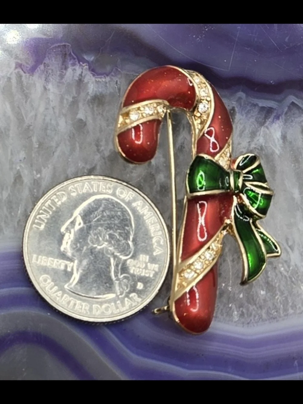Avon NRT Candy Cane Brooch Enameled w/ Bow & Faceted Glass Crystals